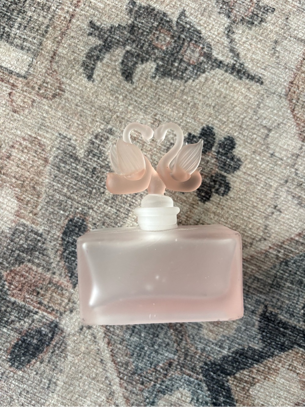 Vintage Pink Satin Glass Romantic Perfume Bottle Heart Swans Stopper